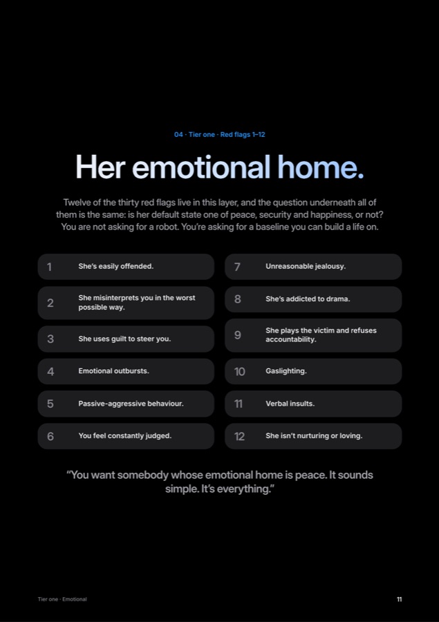 Page from the guide: Tier one, emotional red flags 1 to 12